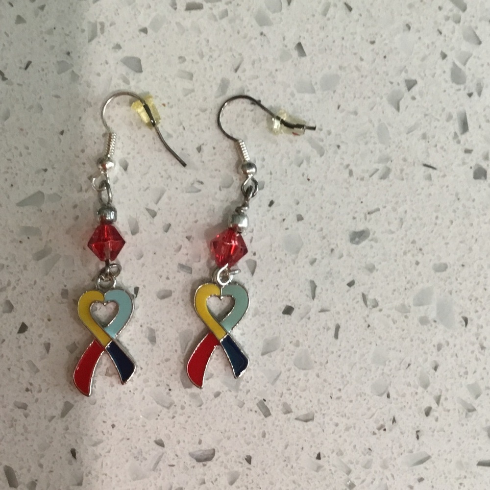 Multicolor Ribbon Heart Drop Earrings with Red Crystal Accent